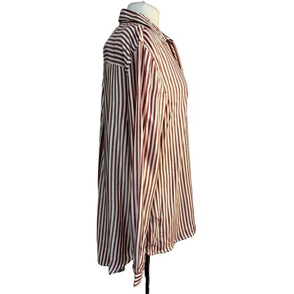 Beachlunchlounge Alanna Striped Button Down LS Shirt Cabaret Red White Sz L NEW - Picture 3 of 7